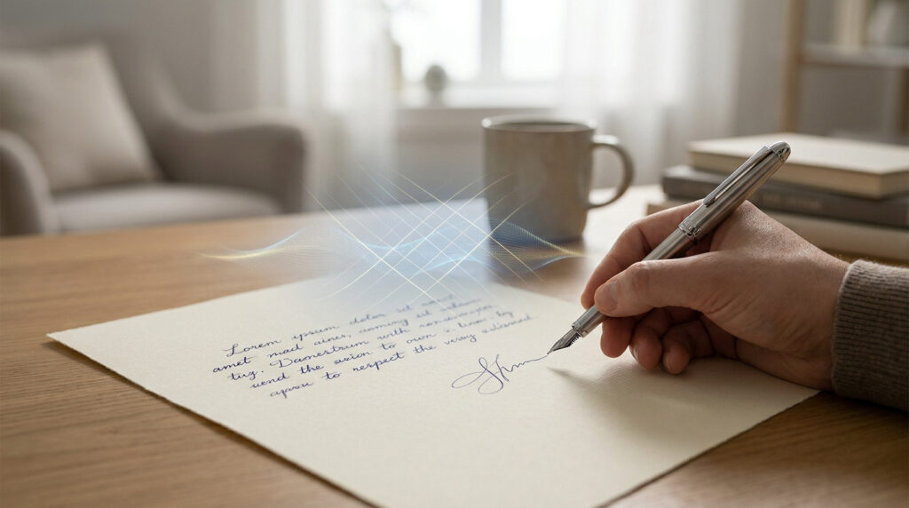 Une main écrit à la plume sur une feuille avec une onde lumineuse stylisée représentant l'analyse graphologique.