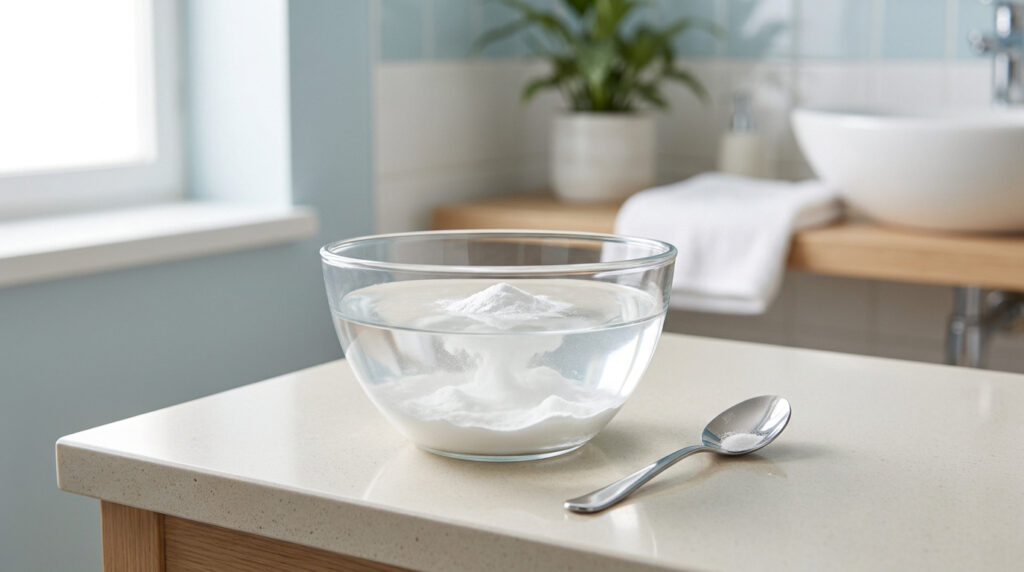 Un bol en verre rempli d'eau et de bicarbonate de soude posé sur un comptoir de salle de bain avec une cuillère.