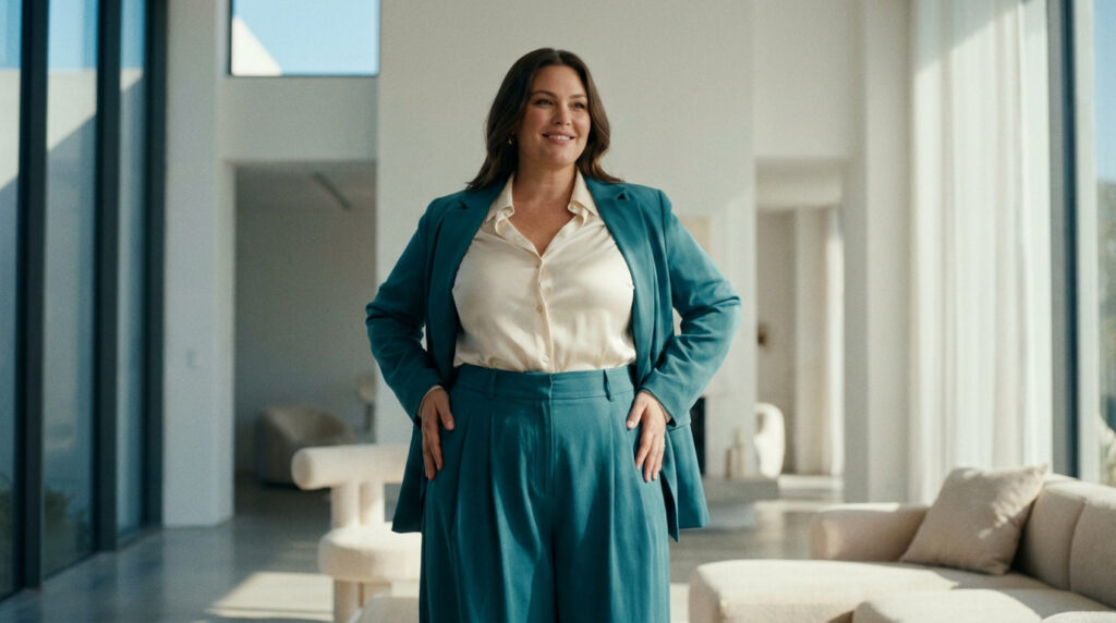 Une femme souriante aux formes généreuses portant un tailleur pantalon bleu canard et une chemise en satin crème.