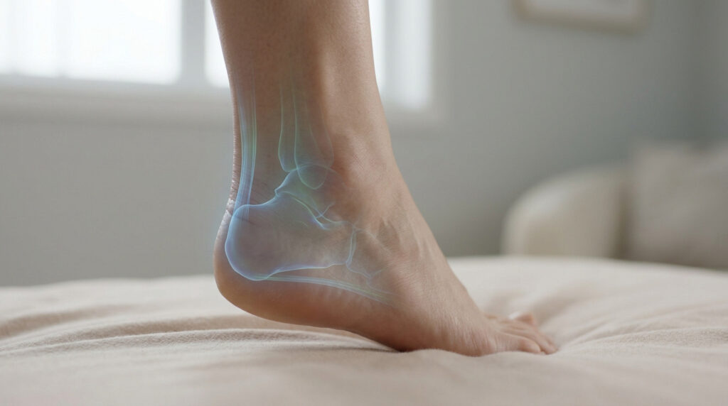 Vue latérale d'un pied humain avec une illustration numérique superposée montrant les os et articulations du talon.