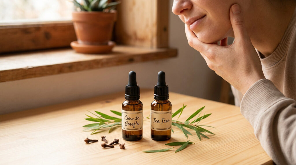 Une personne se tenant la joue avec des flacons d'huile essentielle de clou de girofle et de tea tree sur une table.