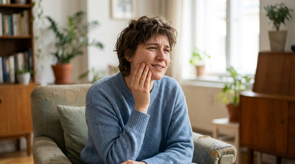 Une personne assise dans un fauteuil, touchant sa joue avec une expression de douleur causée par une dent.