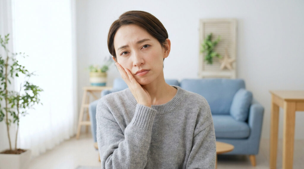 Une femme au visage inquiet tenant sa joue, exprimant une douleur dentaire dans son salon.