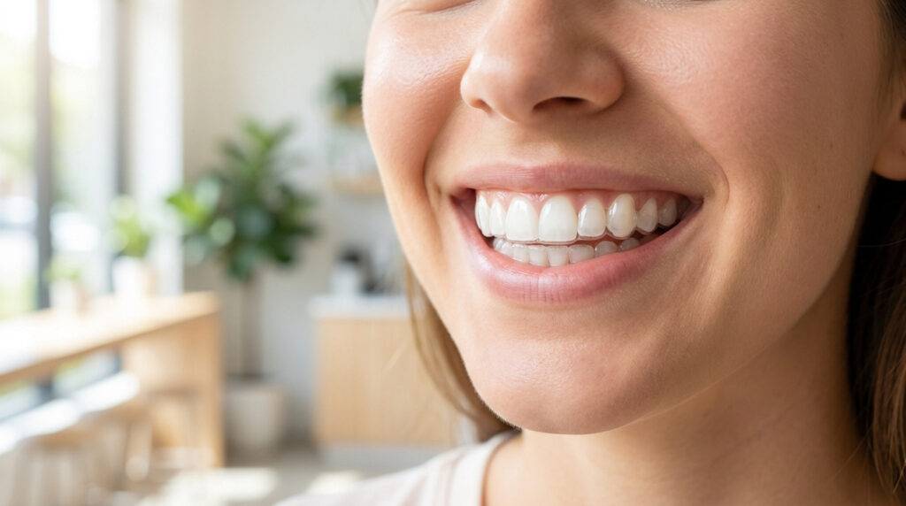 Gros plan sur le sourire radieux d'une femme portant des gouttières dentaires transparentes et invisibles.