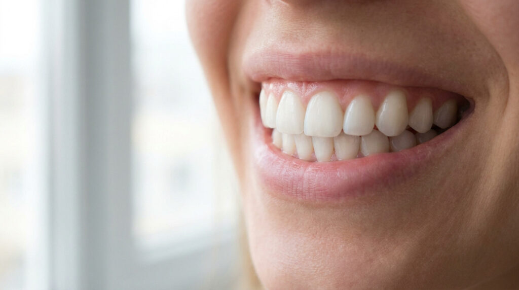 Gros plan sur un sourire montrant des gencives et des dents saines dans un cadre lumineux.