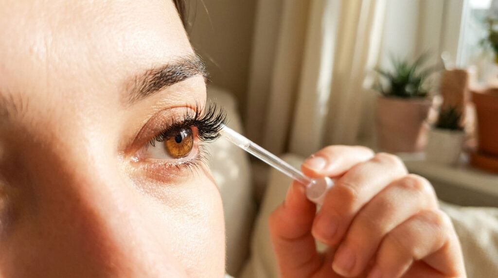 Une femme applique un sérum fortifiant sur ses cils à l'aide d'un applicateur transparent.