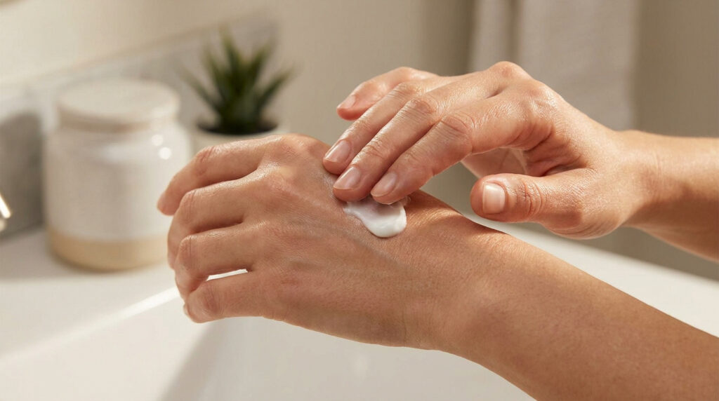 Une personne applique une crème blanche hydratante sur le dos de sa main dans une salle de bain lumineuse.
