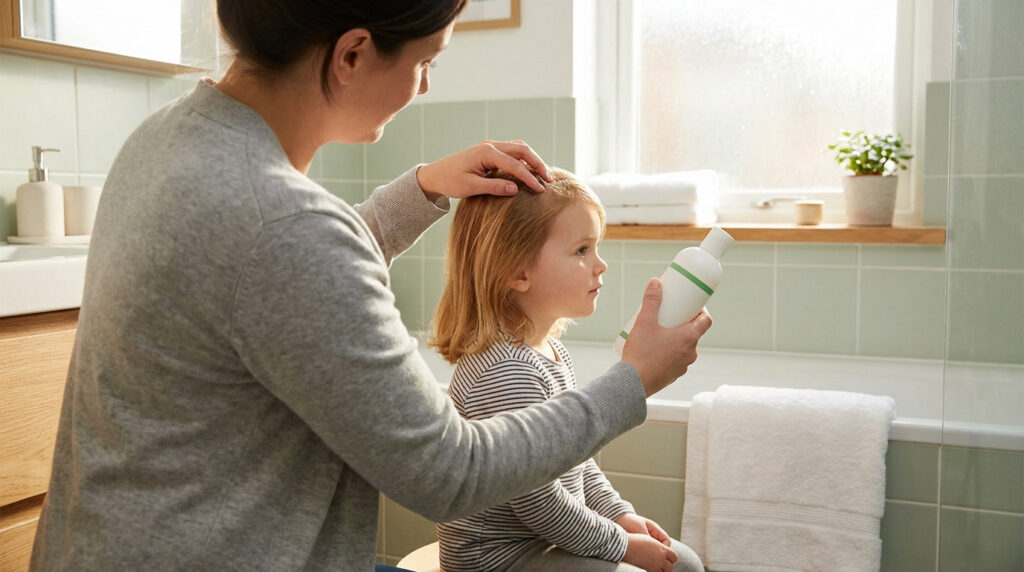 Une mère applique un soin anti-poux sur les cheveux de sa jeune fille dans une salle de bain lumineuse.