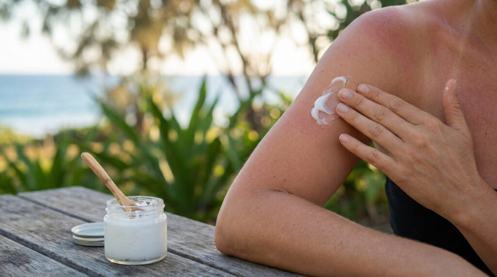Une personne applique une crème blanche sur son épaule rougie par le soleil, avec un pot d'huile de coco à côté.
