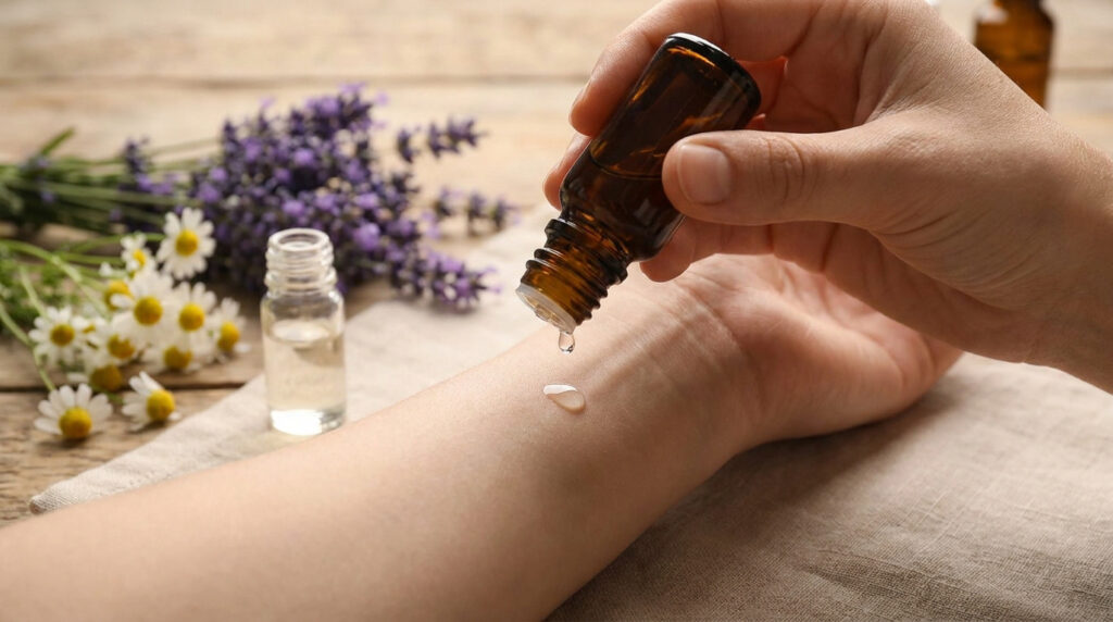 Main versant une goutte d'huile essentielle sur un poignet, entourée de lavande et de fleurs de camomille.