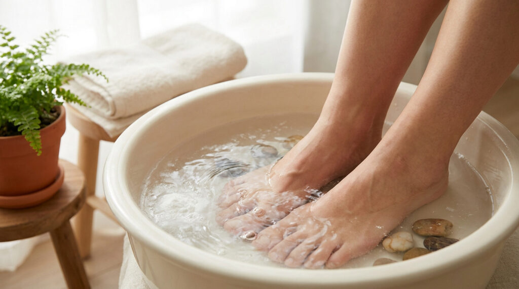 Pieds trempant dans une bassine d'eau avec des galets, dans une atmosphère de spa relaxante.