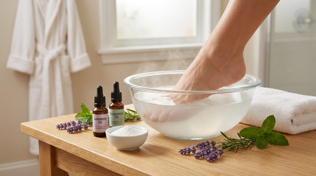 Un pied trempant dans une bassine d'eau chaude avec des huiles essentielles de lavande et d'eucalyptus sur une table.