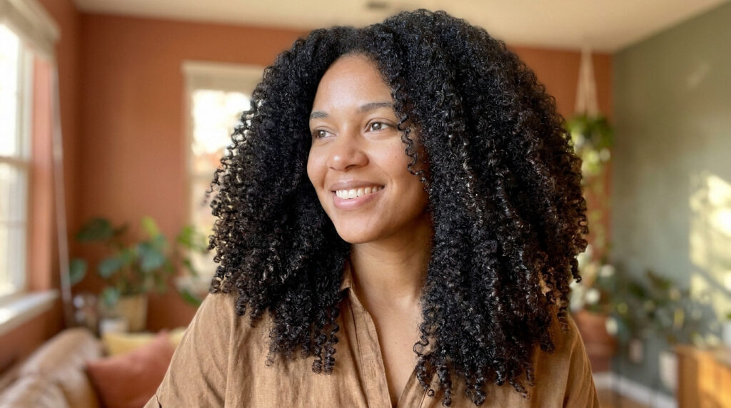 Une femme souriante avec une chevelure volumineuse et bouclée, portant une chemise marron dans un intérieur chaleureux.