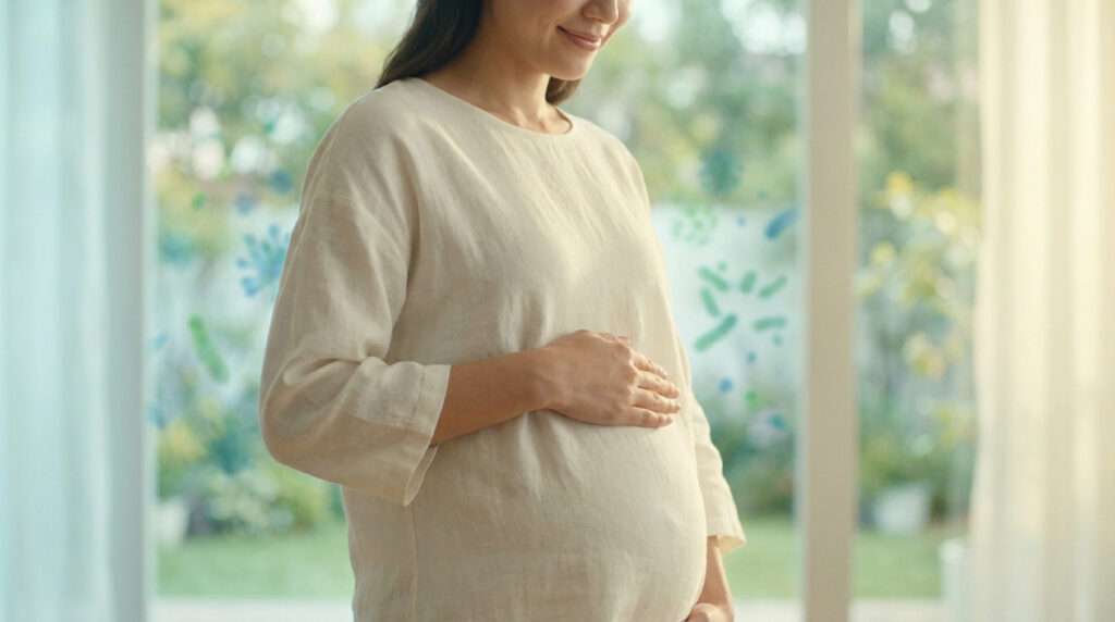 Une femme enceinte pose sa main sur son ventre devant une fenêtre avec des illustrations de bactéries en arrière-plan.