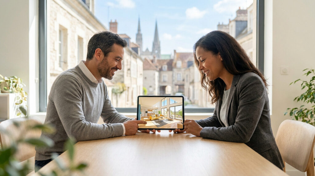 Un couple regarde une tablette montrant un intérieur moderne avec la cathédrale de Chartres en arrière-plan.