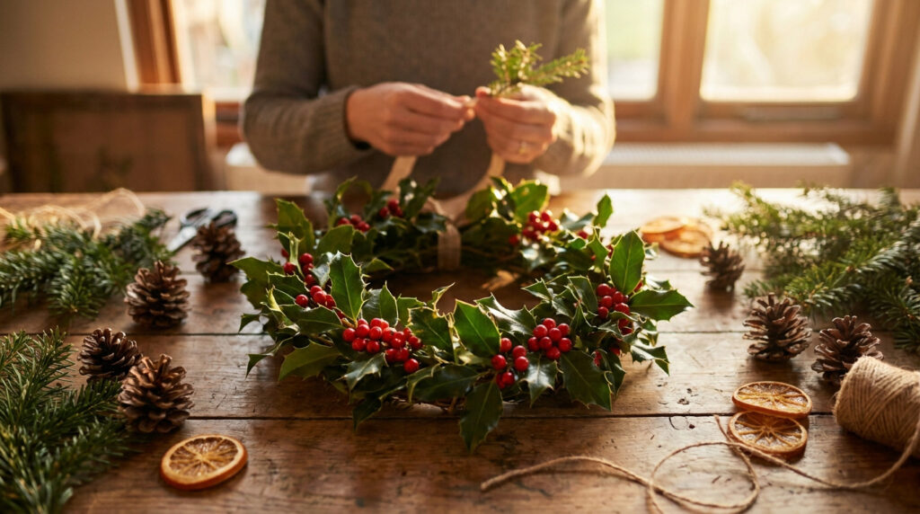 Gros plan sur une personne fabriquant une couronne de Noël en houx sur une table en bois avec des pommes de pin.