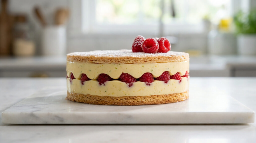Une dacquoise aux framboises et crème onctueuse posée sur un plateau en marbre dans une cuisine lumineuse.