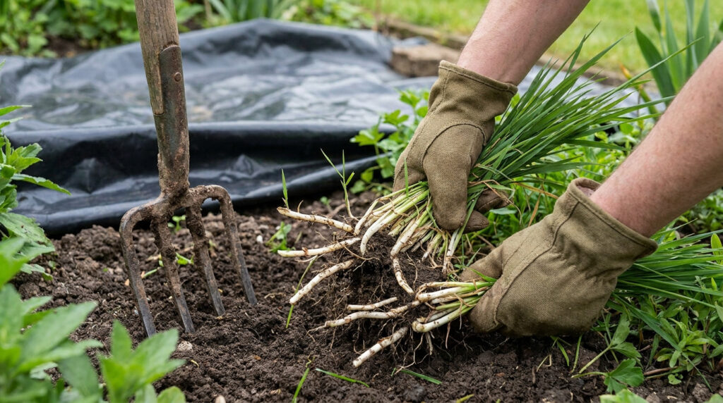 Mains gantées arrachant manuellement du chiendent avec ses rhizomes blancs dans un jardin.