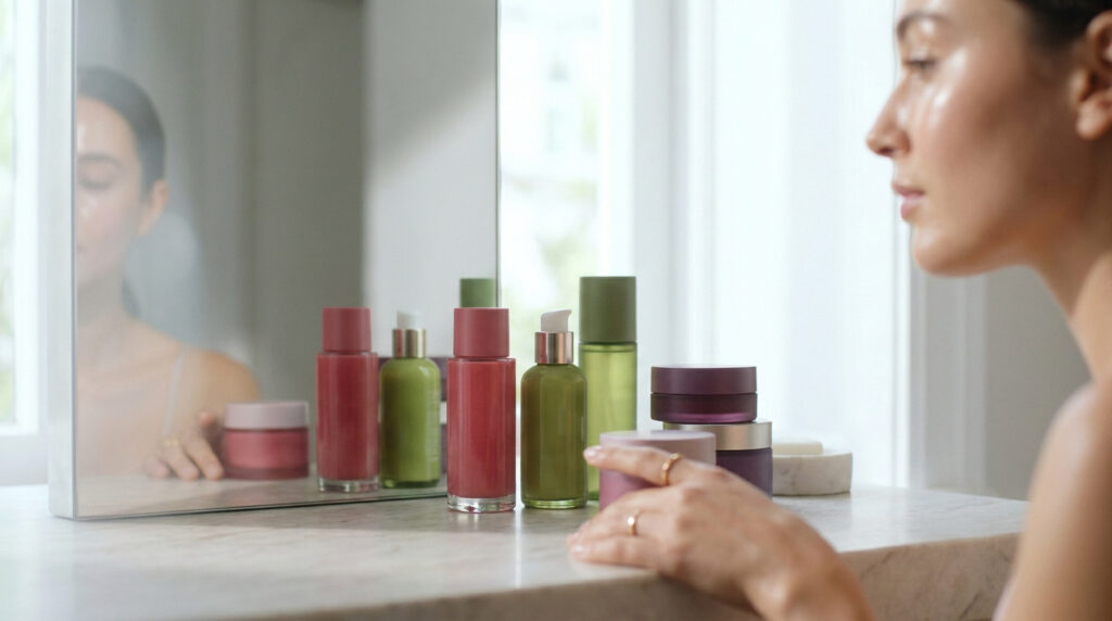 Une femme se prépare devant un miroir entourée de soins pour la peau Glow Recipe colorés sur une table en marbre.