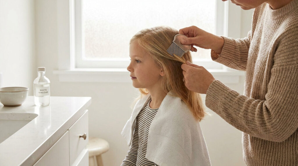 Une mère utilise un peigne anti-poux pour retirer délicatement les lentes des cheveux de sa jeune fille.