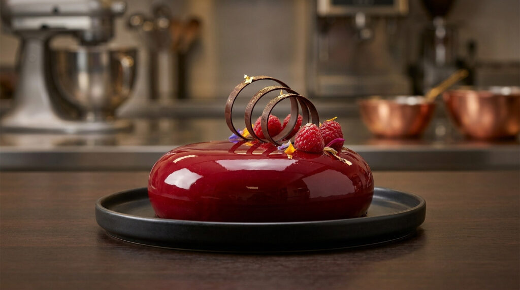 Un entremets glacé rouge vif garni de framboises fraîches et de cercles en chocolat sur une assiette sombre.