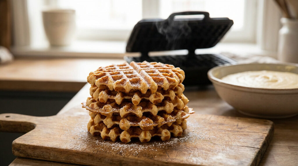 Une pile de gaufrettes belges fumantes saupoudrées de sucre glace sur une planche en bois dans une cuisine.