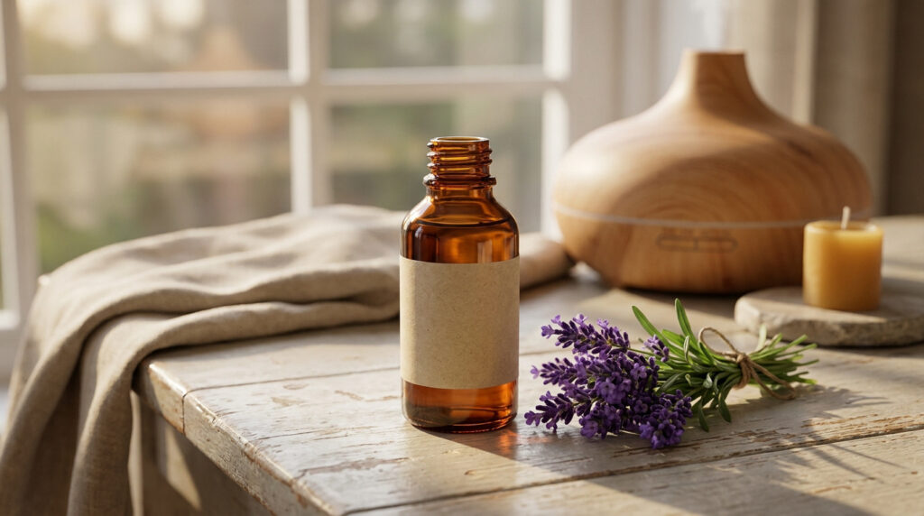 Flacon d'huile essentielle avec étiquette vierge, lavande et diffuseur sur une table en bois près d'une fenêtre.