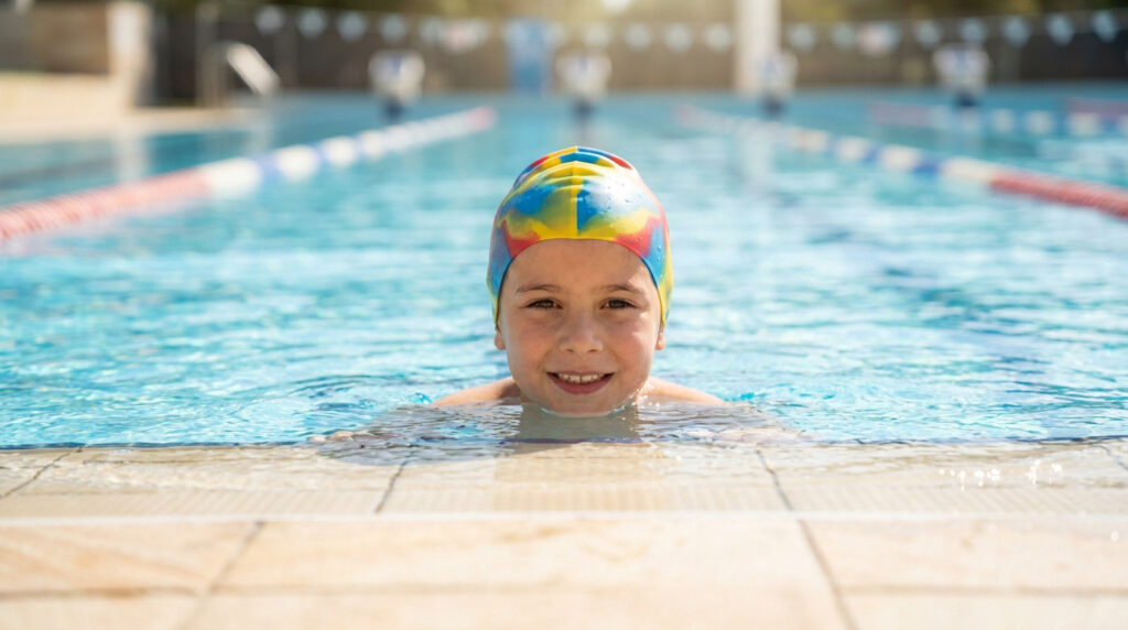 Un jeune enfant souriant porte un bonnet de bain coloré dans une piscine, le regard tourné vers l'objectif.