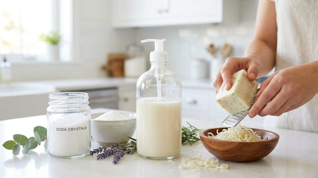 Personne râpant du savon de Marseille pour fabriquer de la lessive maison avec des cristaux de soude et de la lavande.