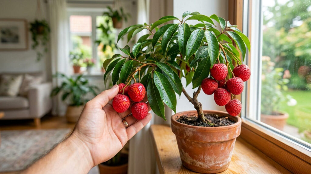 Une main tenant des litchis rouges mûrs sur un petit arbre en pot placé sur un rebord de fenêtre.