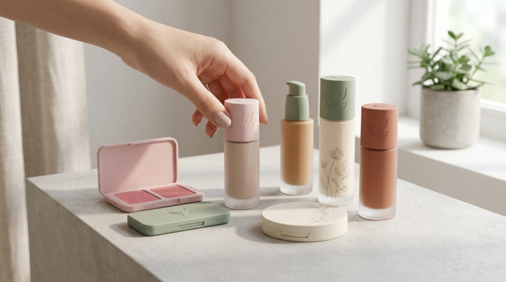 Une main touche un flacon de fond de teint vegan entouré d'autres produits cosmétiques naturels sur une table.