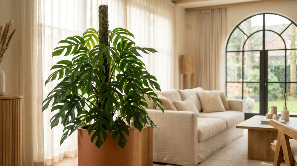Un grand Monstera minima avec un tuteur en mousse dans un salon lumineux au style bohème et épuré.