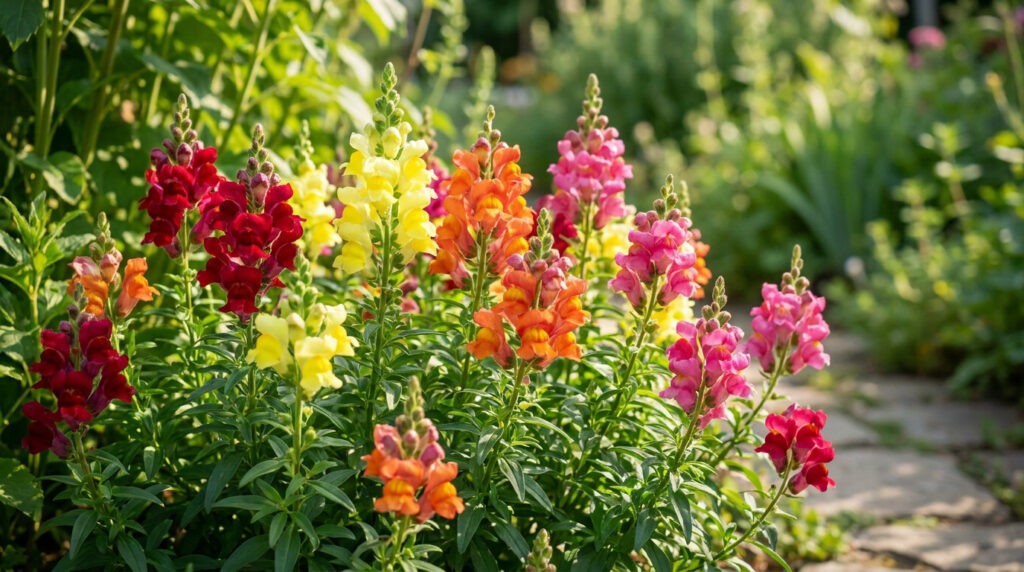 Un parterre de fleurs de muflier multicolores avec des teintes rouges, jaunes, orange et roses dans un jardin ensoleillé.