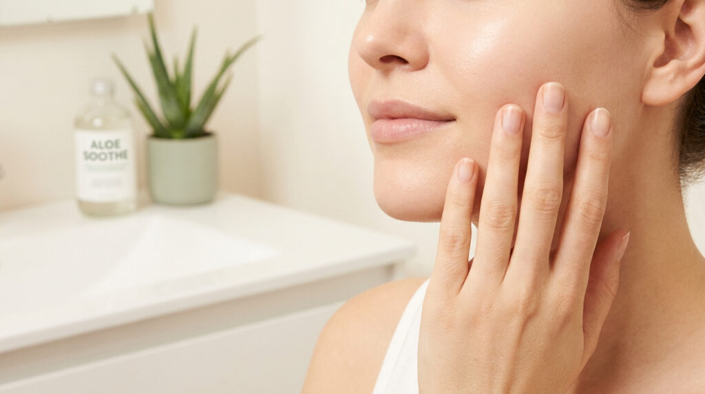 Profil d'une femme touchant sa joue lisse et hydratée dans une salle de bain lumineuse avec une plante d'aloe vera.