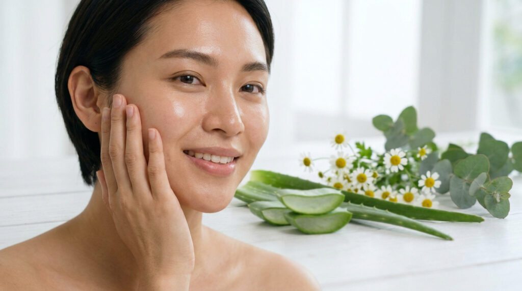 Une femme souriante à la peau éclatante avec de l'aloe vera et des fleurs de camomille sur une table en bois.