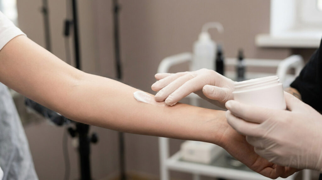 Un tatoueur avec des gants applique une crème blanche sur l'avant-bras d'un client avant une séance de tatouage.