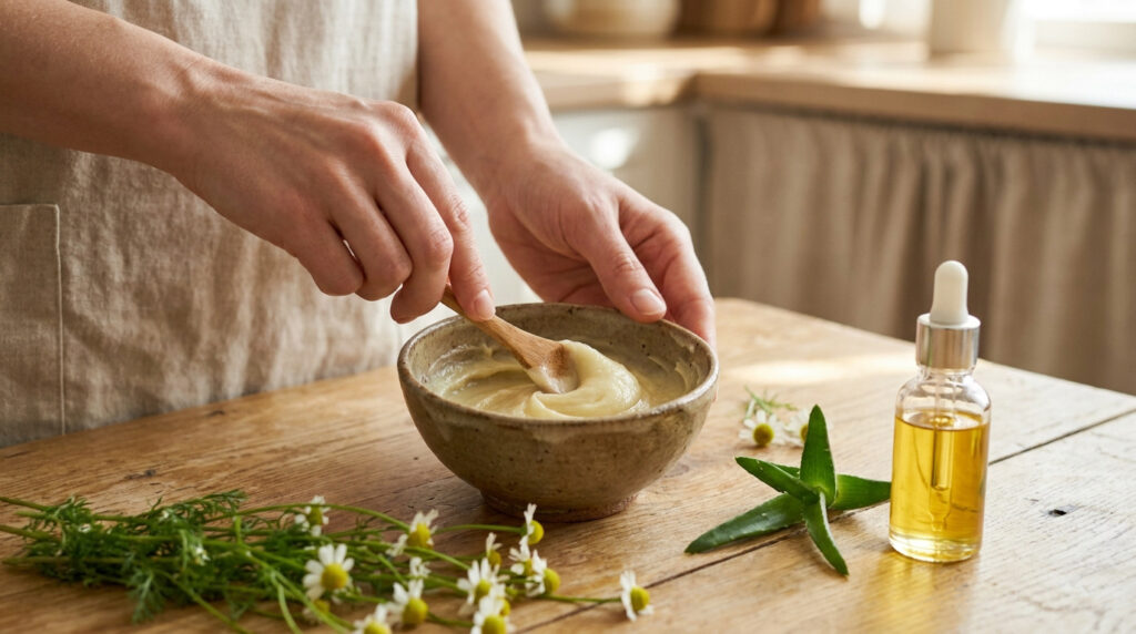 Préparation artisanale d'un soin naturel pour la peau avec des plantes et une huile essentielle dans un bol en céramique.