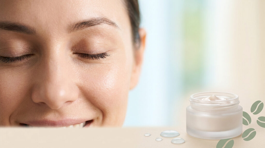 Femme souriante avec les yeux fermés à côté d'un pot de crème contour des yeux sur fond clair avec des icônes de café.