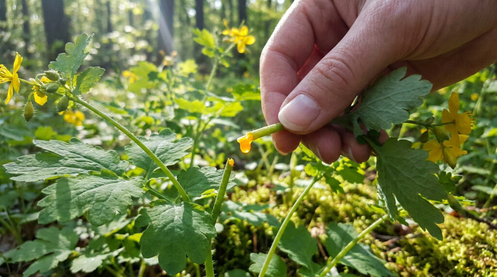 Une main tenant une tige de chélidoine laissant couler une sève jaune orangé au-dessus d'une forêt.