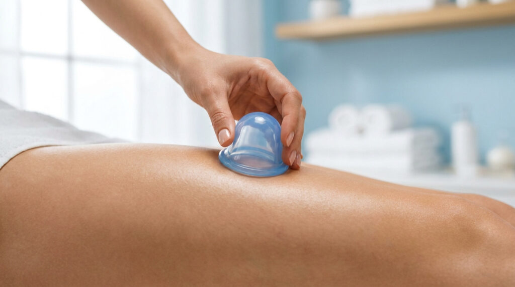 Une main utilise une ventouse en silicone bleue sur la peau d'une cuisse pour un massage anti-cellulite.