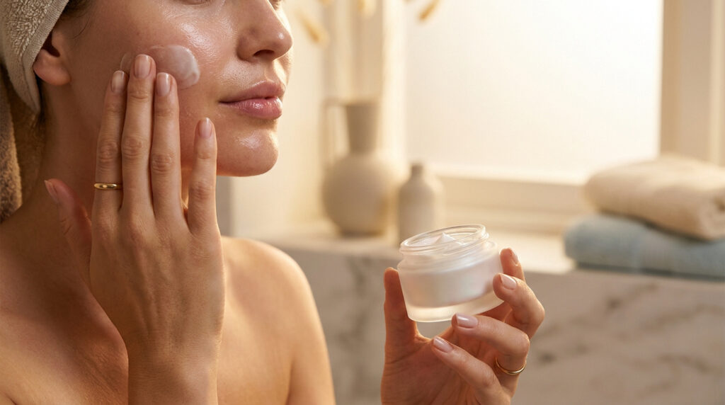 Une femme appliquant une crème de nuit sur son visage dans une salle de bain lumineuse et épurée.
