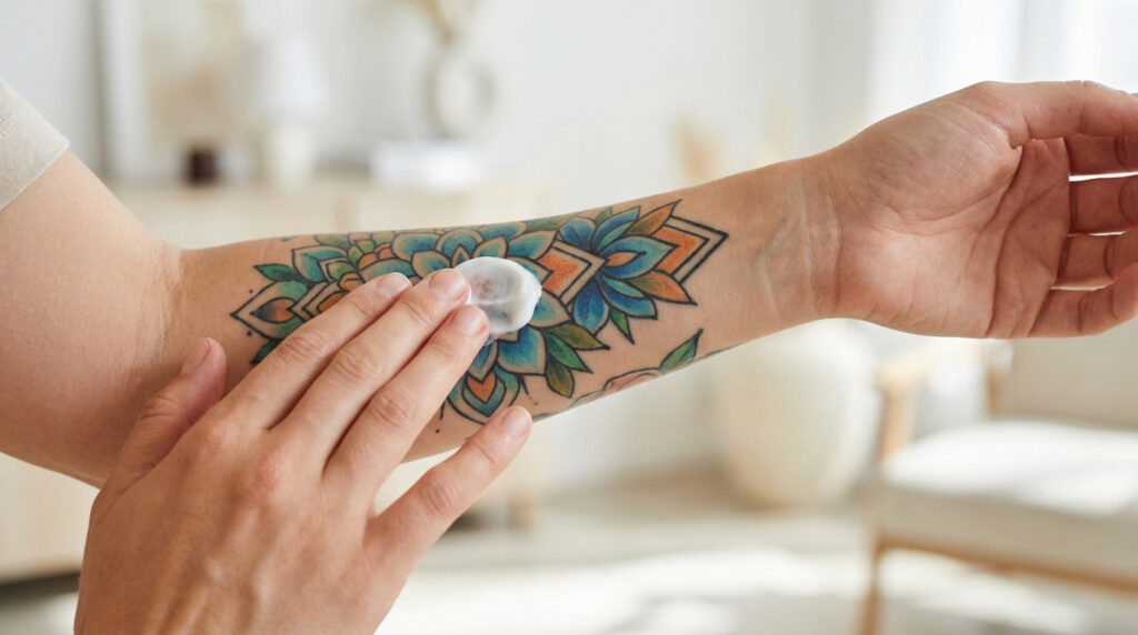 Une personne applique une crème blanche sur un tatouage coloré situé sur son avant-bras dans un intérieur lumineux.