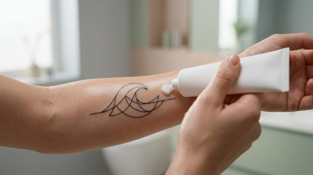 Une personne applique une crème cicatrisante sur un tatouage linéaire représentant une vague sur son avant-bras.