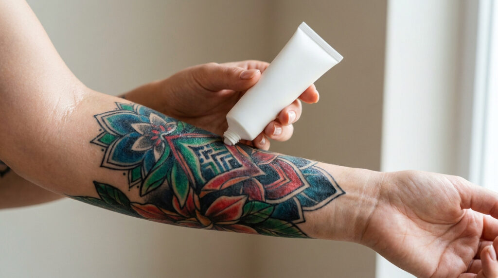 Une personne applique une crème hydratante sur son bras tatoué avec un motif floral coloré.