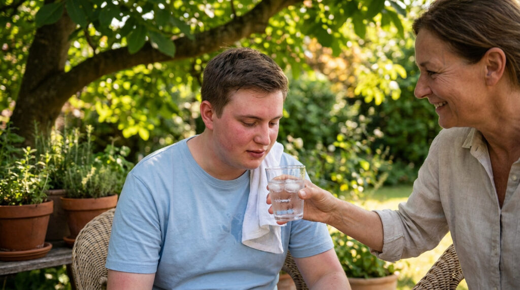 Une femme donne un verre d'eau fraîche à un jeune homme qui semble souffrir d'une insolation dans un jardin.