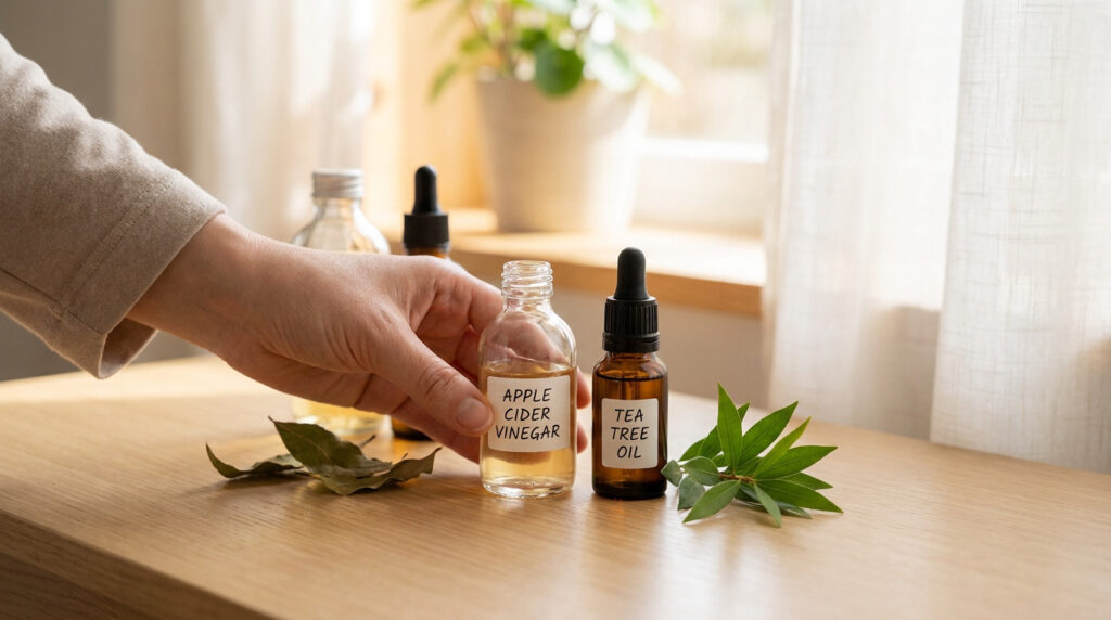 Une main tenant un flacon de vinaigre de cidre à côté d'une huile d'arbre à thé sur une table en bois.