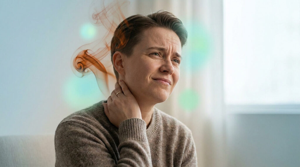 Une personne stressée se tenant la nuque avec de la fumée sortant de sa tête symbolisant l'anxiété.