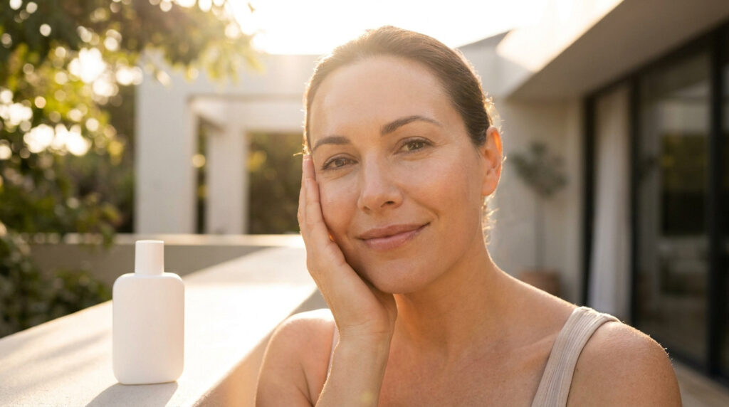 Femme souriante touchant sa joue avec un flacon d'écran solaire blanc posé devant elle sous un soleil éclatant.
